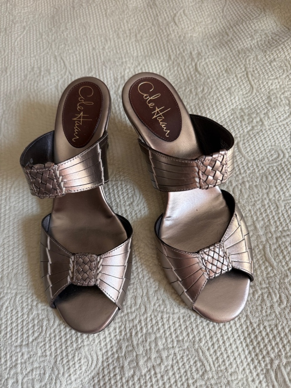 Cole Hahn Gold Metallic Woven Slide Heels
